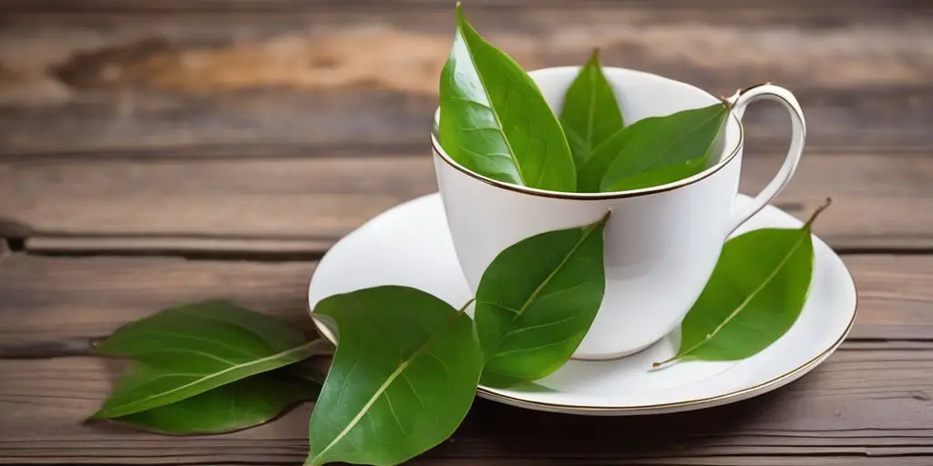 boldo tea cup with fresh boldo leaves on wooden table