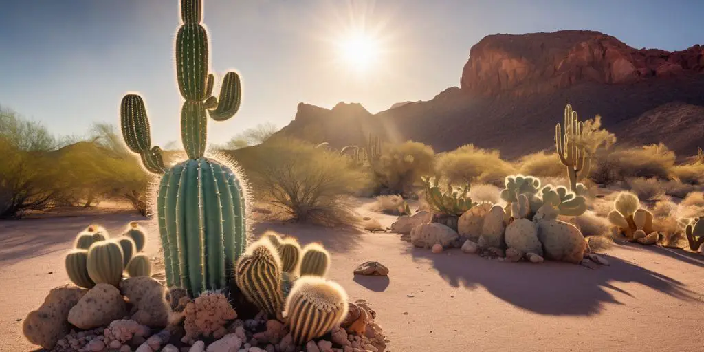 Peyote cactus in desert landscape with spiritual symbols