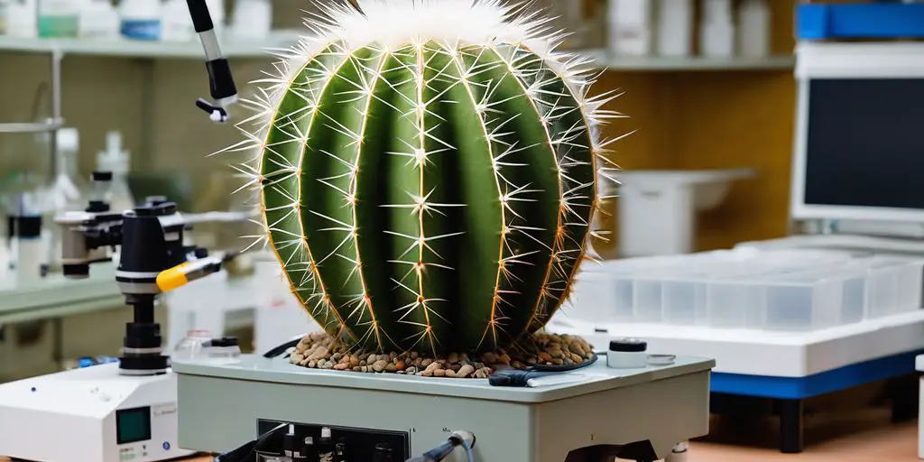 peyote cactus in a laboratory setting with scientific research equipment