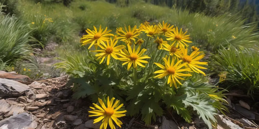 Arnica montana plant in natural habitat with indigenous people