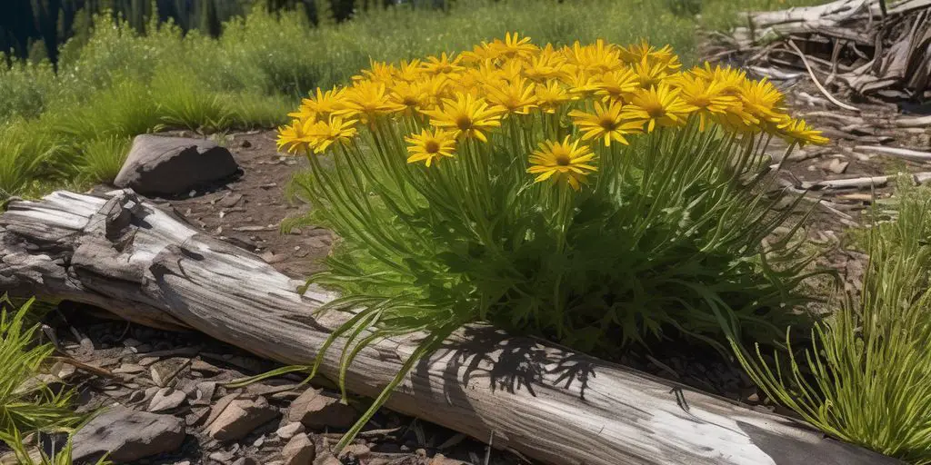 Arnica montana plant in indigenous cultural setting with economic elements