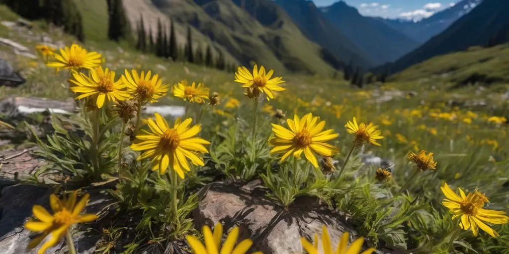 Arnica montana plant in a natural setting with indigenous people using it for herbal medicine