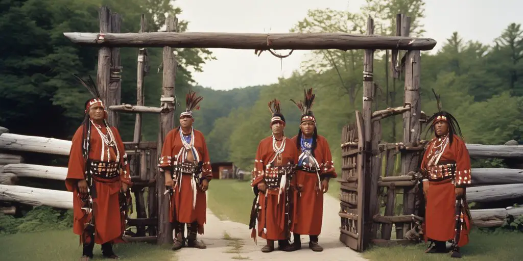 Mohawk tribe members in traditional attire guarding a symbolic gate, Iroquois Confederation