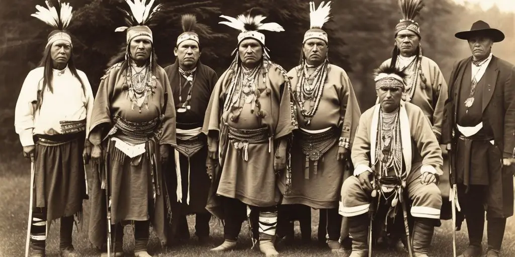 Mohawk tribe members in traditional attire at the eastern gate of Iroquois Confederation
