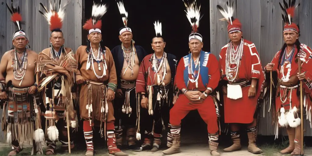 Mohawk tribe leaders meeting in traditional attire, Eastern gate, Iroquois Confederation