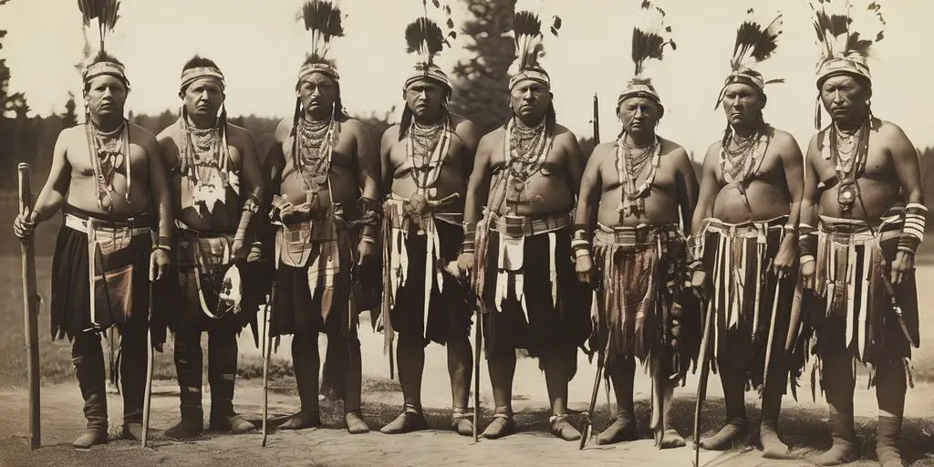 Mohawk tribe members in traditional attire guarding the Eastern Gate of the Iroquois Confederation