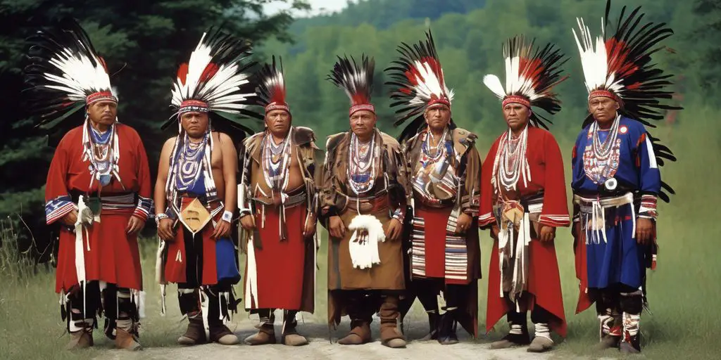 Mohawk tribe members in traditional attire at the eastern gate, Iroquois Confederation