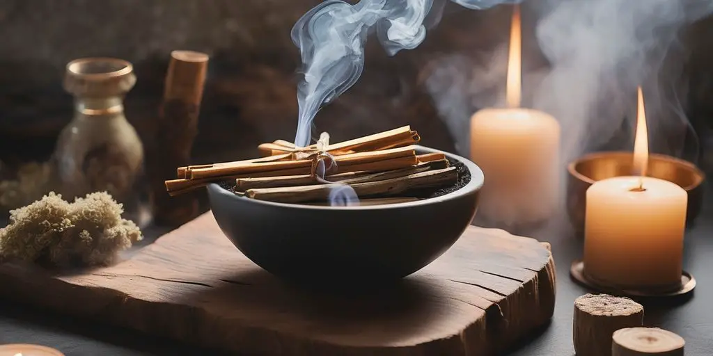 Palo Santo sticks with smoke in a serene and healing ritual setting
