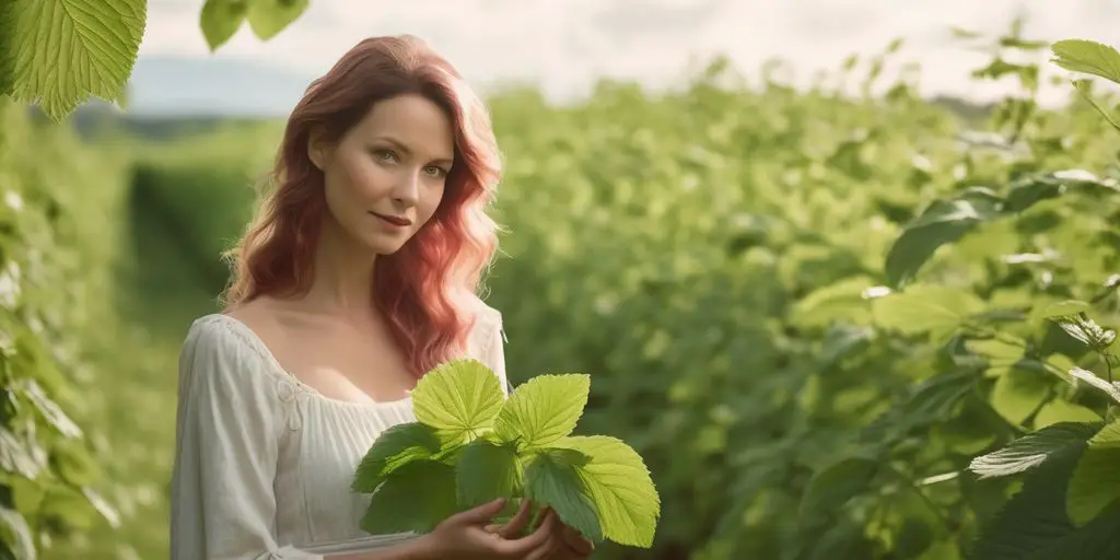 woman holding raspberry leaves in a serene natural setting