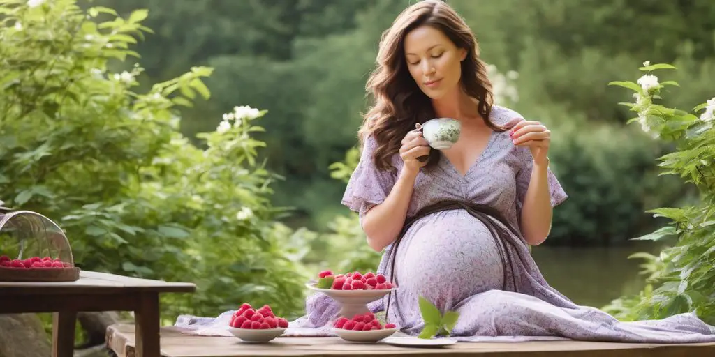 pregnant woman drinking raspberry leaf tea in a serene setting