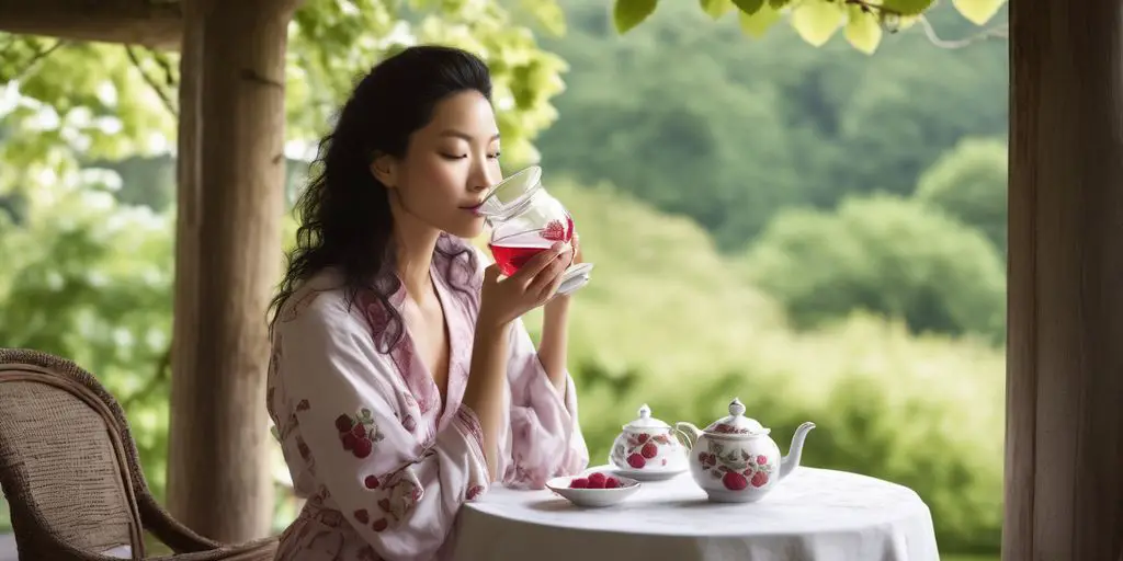 woman drinking raspberry leaf tea in a serene setting
