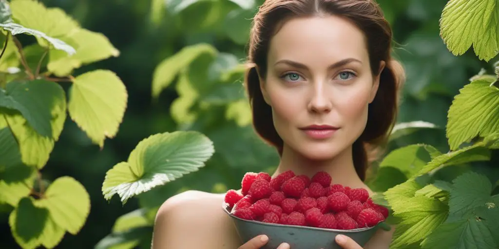 woman holding raspberry leaves with serene expression in a natural setting