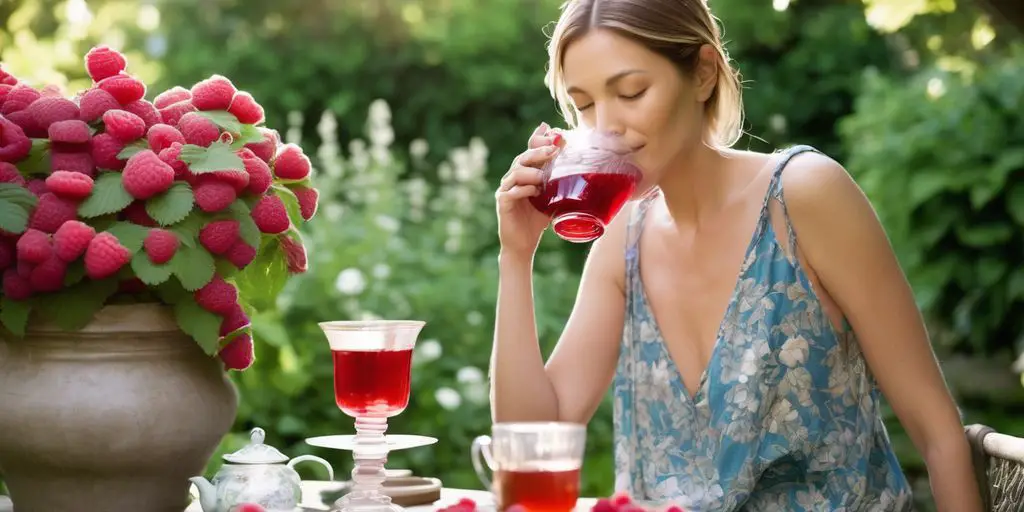 woman drinking raspberry leaf tea in a serene garden setting
