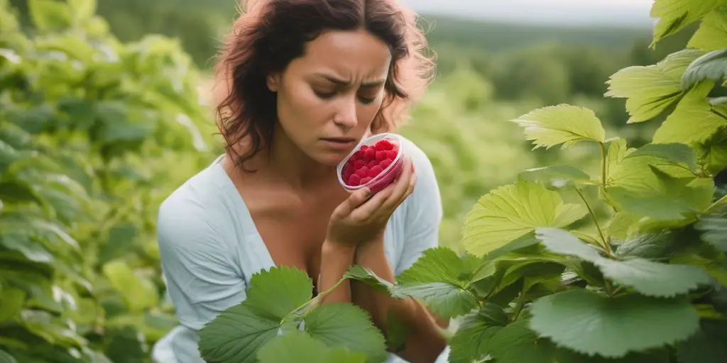 woman experiencing menstrual pain holding raspberry leaves in a serene natural setting