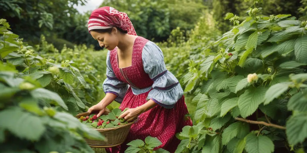 woman in traditional dress picking raspberry leaves in a lush garden