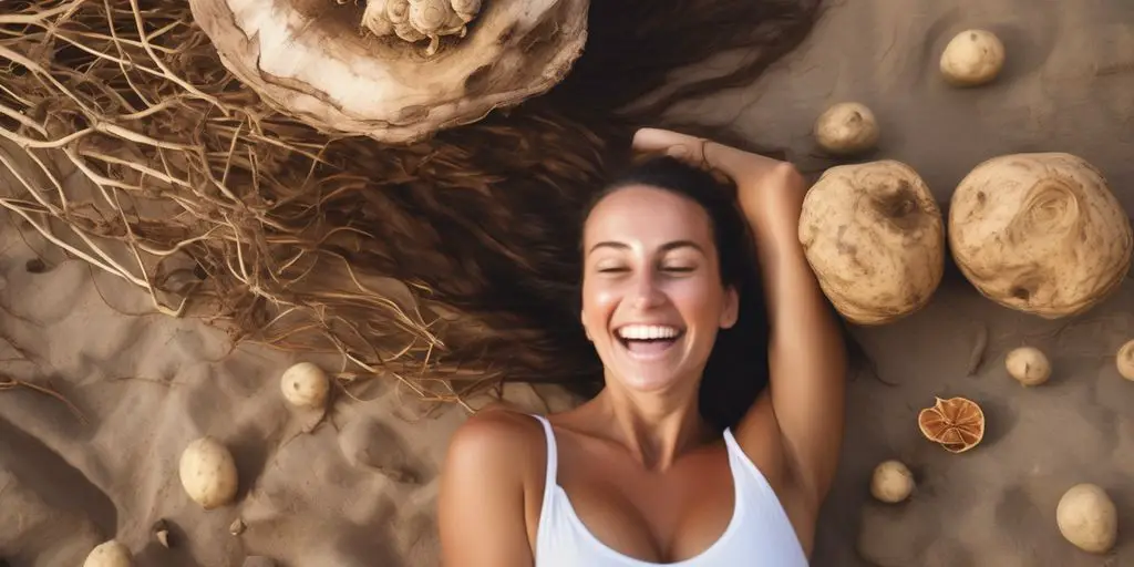Maca root in natural setting with woman feeling energetic and happy
