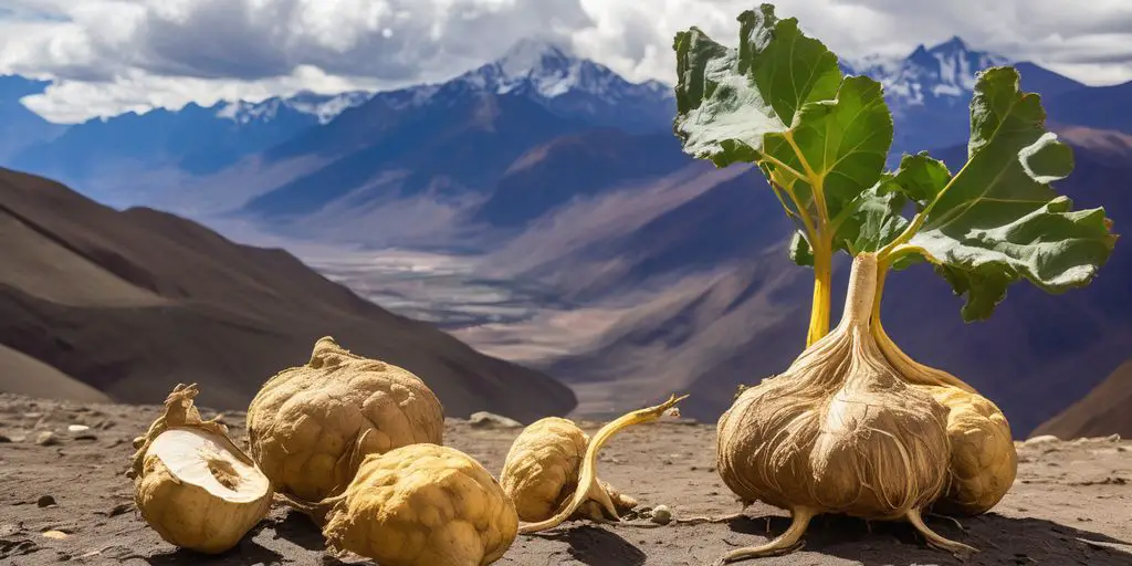 Maca root in natural setting with Andes mountains in background