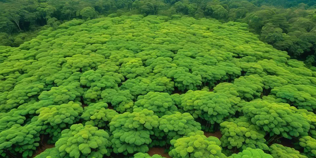 Guarana plants in Brazilian Amazon with economic activity background